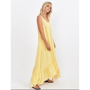 Morrison Linen Maxi Dress Butter Yellow Polka Dots Oversized S Pocket Flowy Boho